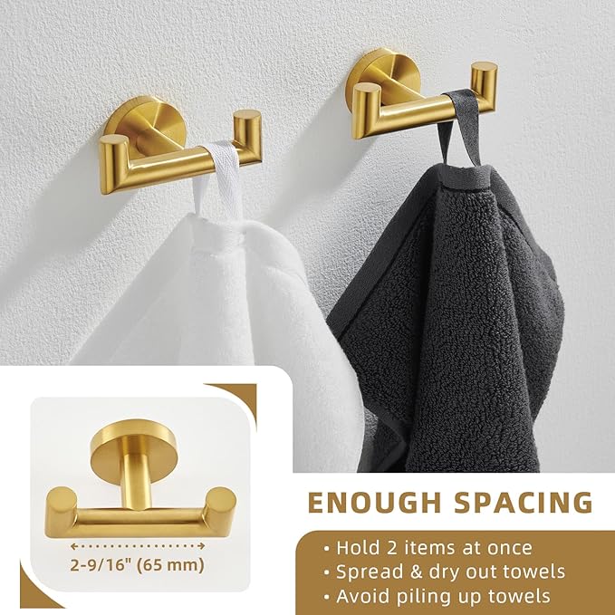 Angle Simple Towel Double Hook Brushed Dark Gold 2 PCS, SUS304 Stainless Steel Bathroom Hand Towel Holder, Double Robe Hook, Wall Mount