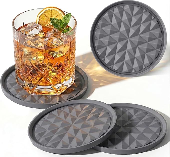 Silicone Coasters for Drinks[4 Pack]- Cup Mat for Tabletop Protection-Non-Slip, Non-Stick, Coffee Table Decor, Housewarming or Hostess Gift, Dark Grey