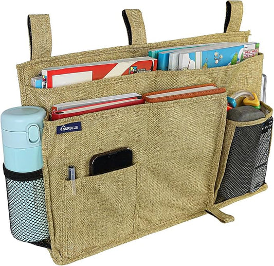 Surblue Bedside Caddy Hanging Bed Organizer Storage Bag Pocket for Bunk and Hospital Beds, College Dorm Rooms Baby Bed Rails, Camp 8 Pockets, (Large, Linen)