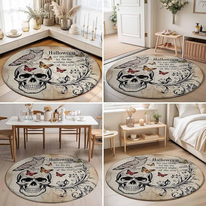 Washable Round Area Rug Halloween Skull Owls on Vintage Circle Rugs Floor Carpet for Living Room Bedroom, Retro Butterflies Flower Soft Non Slip Round Rug 3ft