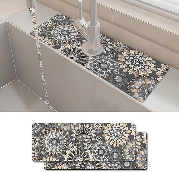 2PCS 15" X 5.5" Kitchen Sink Splash Guard Faucet Mat Mandala Super Absorbent Fast Drying Faucet Guard & Draining Mat Sink Splash Guard Behind Faucet for Kitchen, Bathroom