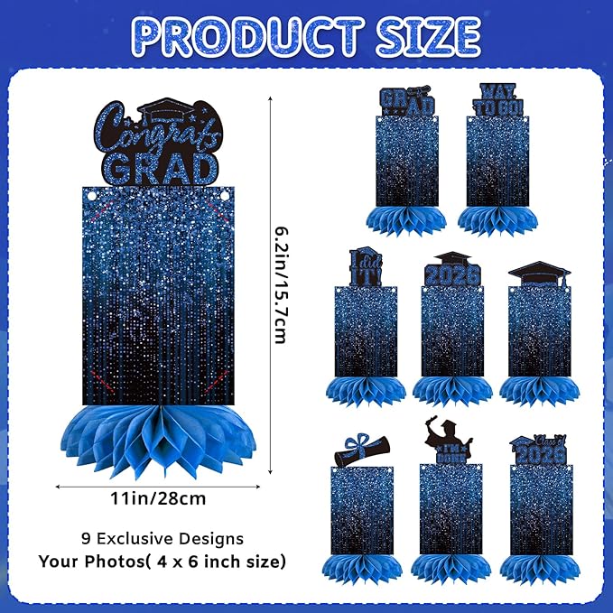 9 PCS Graduation Party Decorations Class of 2026 Honeycomb Centerpieces, Honeycomb Centerpieces for Graduation Photo Toppers Table Decorations. (Grad.Blue)