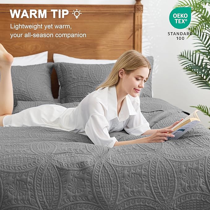 Love's cabin Oversized King Size Quilt Bedding Set Grey Bedspreads - Oversized King Lightweight Bedspread Comforter - Coin Pattern Coverlet for All Season - 3 Pieces (1 Quilt, 2 Pillow Shams)