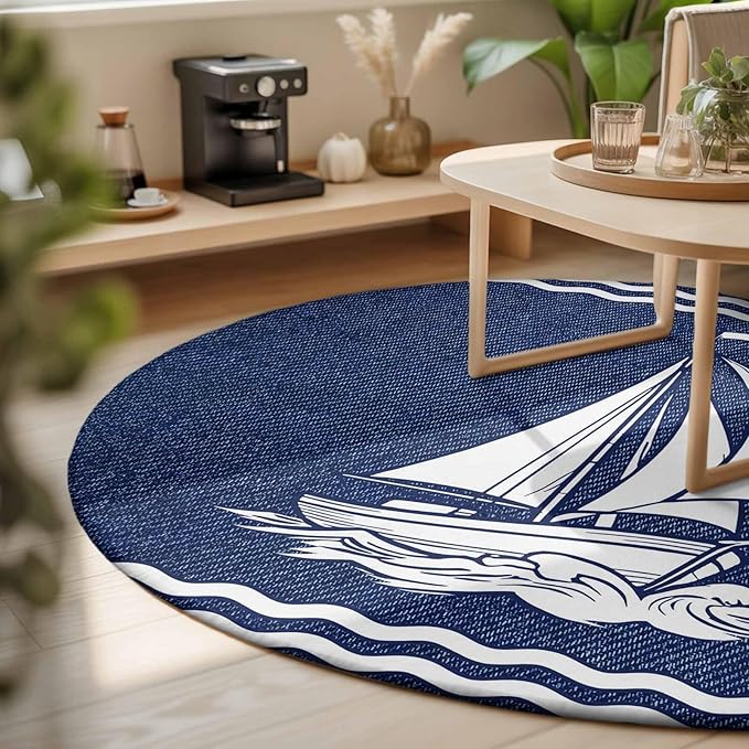 Washable Round Area Rug Nautical Sailing Boat on Steel Blue Circle Rugs Floor Carpet for Living Room Bedroom, Vintage Water Waves Soft Non Slip Round Rug 3ft