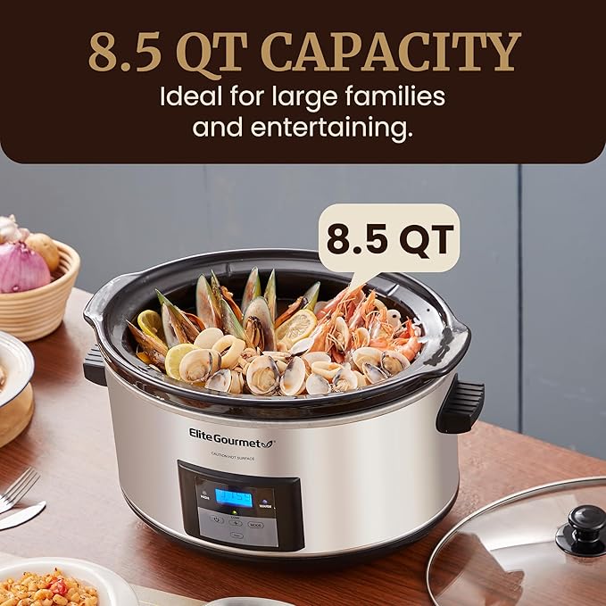 Elite Gourmet Stainless Steel Slow Cooker, Dishwasher-Safe with Tempered Glass Lid, Cool-Touch Handles, Removable Stoneware Pot, 8.5 Quart,MST-900V