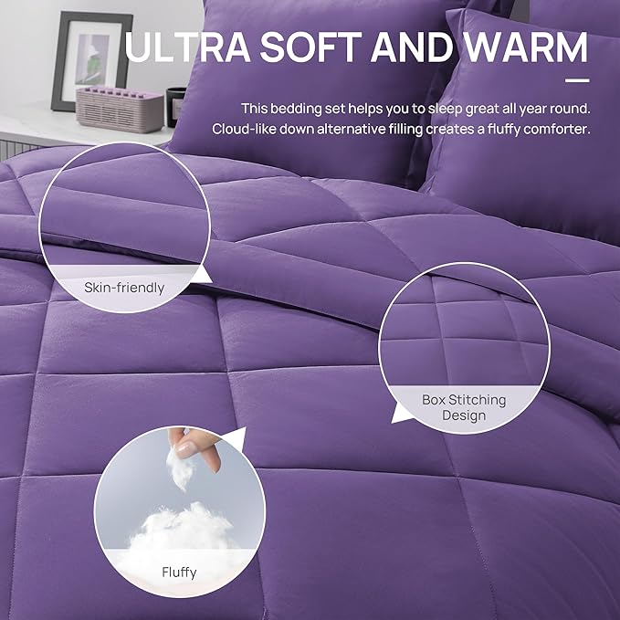 Love's cabin California King Comforter Set Purple, 7 Pieces California King Bed in a Bag, All Season Bedding Sets with 1 Comforter, 1 Flat Sheet, 1 Fitted Sheet, 2 Pillowcase and 2 Pillow Sham | Soft, Breathable, Lightweight, Comfortable
