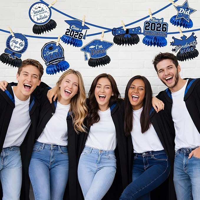 Graduation Decorations 2026 - Blue Graduation Honeycomb for Table Centerpiece | Graduation Party Decorations Class of 2026,Table Toppers for Graduation Party Favors Supplies Indoor Outdoor