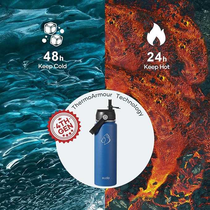 BUZIO 24 oz Insulated Water Bottle, Stainless Steel Wide Mouth Water Flask with Straw Lid, Cold for 48 Hrs Leak Proof Metal Hydro Thermo Canteen Mug, Blue