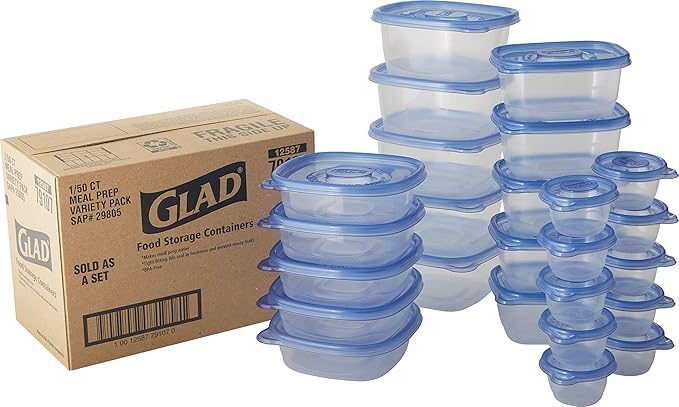 Glad GladWare Lunch Variety Pack Food Storage Containers with Lids, No BPA Reusable Plastic Multiple Sizes for Lunches, Leftovers, and Snacks, Lock Tight Seal, Microwave and Dishwasher Safe, 25 Ct