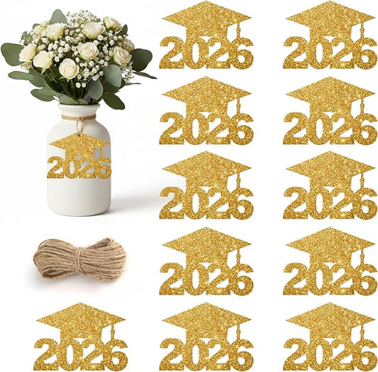 2026 Graduation Party Decorations - 36Pcs Graduation Cutouts Tags Gold Glitter 2026 Numbers for Graduation Table Centerpieces Class of 2026 Cutouts for Graduation Party Supplies Favors