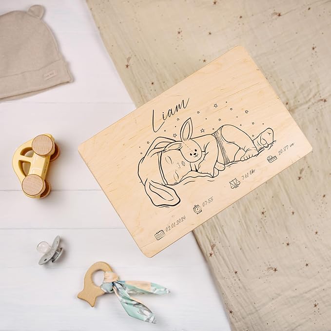 Creative Deco Personalized Wooden Storage Box Baby Memory Box | 11.8x7.87x5.51in (+-0.5) | Hinged Lid Handles Engraving | Boy Girl Birth Baptism | Gift Box | Rough UNSANDED Keepsake Souvenir Chest