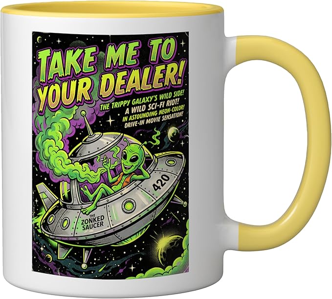 Take Me to Your Cannabis Stoner 420 Alien UFO Sci-Fi Weed Ceramic Mug, Yellow/White