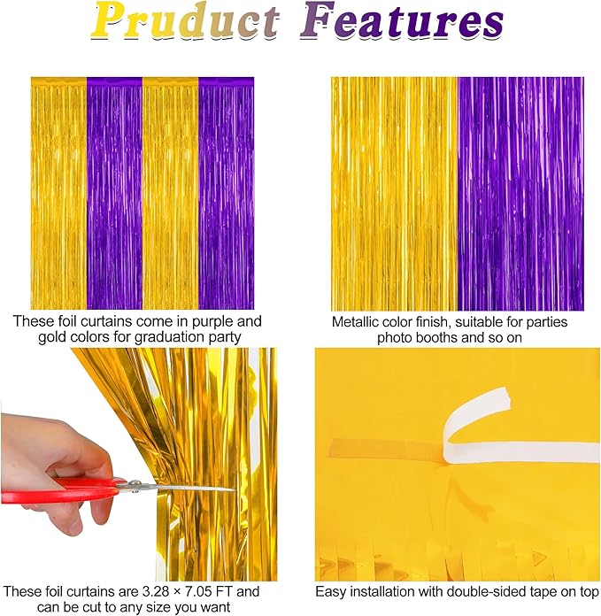 2 Pack Graduation Backdrop, 3.28 FT x 7.05 FT Grad Party Decorations 2026, Purple Gold Backdrop Foil Fringe Curtains, Metallic Purple and Gold Graduation Decorations Class of 2026 Decor
