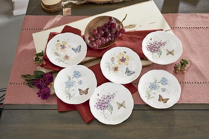 Lenox Dinnerware Set, Butterfly Meadow 6-Piece Tidbit Plate Set, Service For 6, Durable Porcelain Appetizer Plates, Dishwasher And Microwave Safe, Ceramic Plates, Salad Plate (Assorted, 6 Piece)
