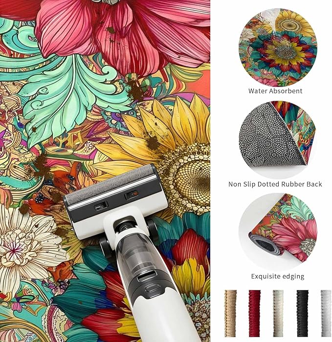 Runner Rug for Bedroom Hallway, Boho Colorful Blossom Flower Kitchen Runner Rugs Area Rug 2x6ft, Country Retro Ethnic Floral Washable Soft Floor Carpet for Entryway Stair