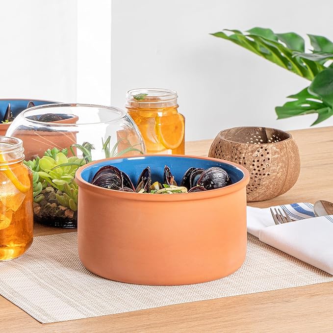 Restaurantware-Terra Tek 68 Ounce Terracotta Cazuelas, 2 Blue Glazed Clay Pots For Cooking - Oven-Ready, Microwavable, Terracotta Serving Pots, Dishwashable, For Cooking And Serving