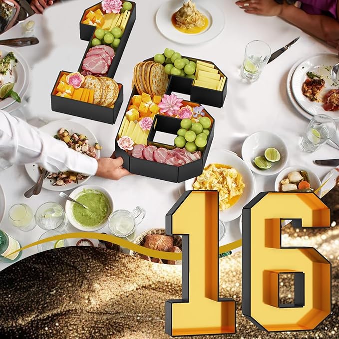 16 Cardboard Numbers for Charcuterie Numbers Fillable 13.8'' Black Gold Paper Mache Number Shaped Cupcake Pans Board Box Trays Container for Food Candy 16th Birthday Party Decorations Anniversary