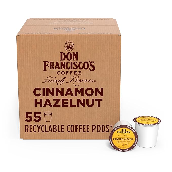 Don Francisco's Cinnamon Hazelnut Flavored Coffee Pods, 55 Count, Medium Roast, Compatible with Keurig Brewers