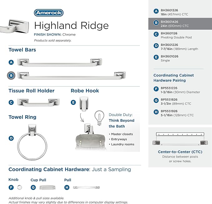 Amerock BH3601426 | Chrome Towel Bar | 24 in (610 mm) Towel Rack | Highland Ridge | Bathroom Towel Holder | Bathroom Hardware | Bath Accessories
