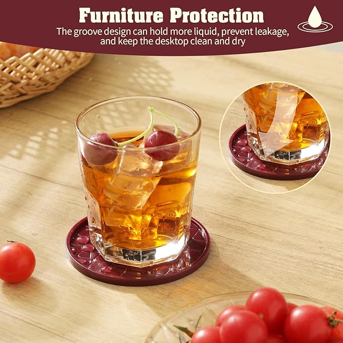 Coasters Set of 6,Hot or Cold Drink Coasters with Holder,Modern Style Coffee Table Coaster,Suitable for Kinds Cups Beer,Drink,Anti-Overflow Tabletop Protection(Wine red, 6pcs)