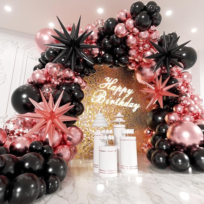 Rose Gold and Black Balloons Garland Arch Kit with Stars 200Pcs - 5 10 12 18 22 inch Balloon and Confetti Latex Balloons for Graduation Birthday Anniversary Wedding New Year Party Decorations