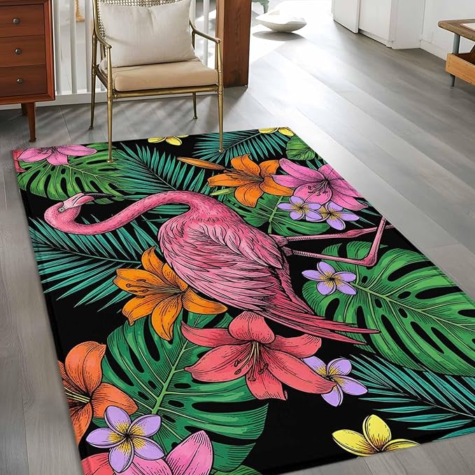 Area Rug 3x5ft, Pink Flamingos Tropical Leaf Washable Rugs for Living Room Bedroom, Colorful Lily Blossom Floral Soft Non-Slip Area Rugs Rectangle Floor Carpet for Dining Room