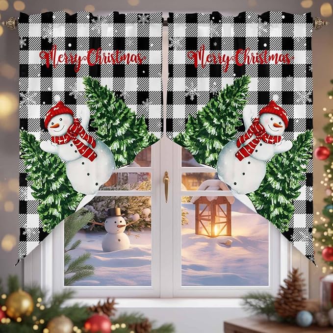 Christmas Tree Snowman Swag Valance Curains Winter Snowflake Black Buffalo Plaid Rod Pocket Kitchen Curtains Scalloped Window Treatment Valances Swag for Living Room Bedroom, 1 Pair, 36"W x 45"L