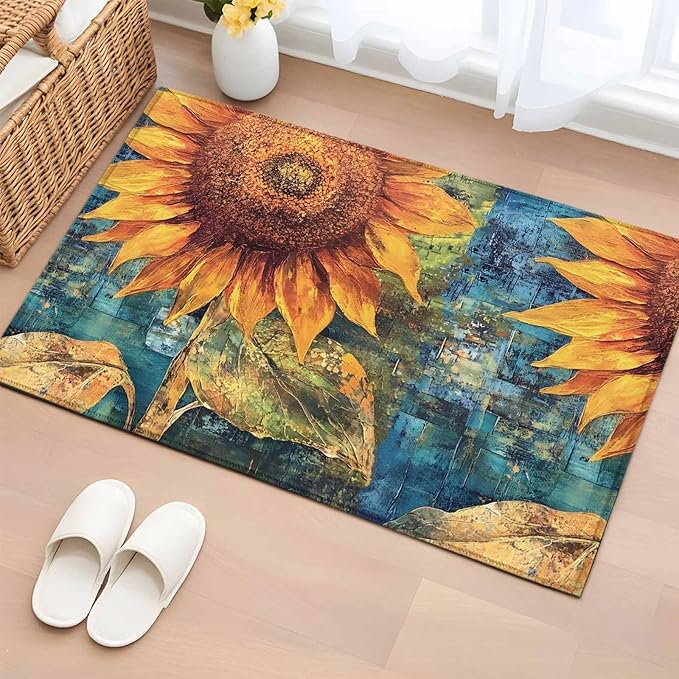 Area Rug 2x3ft, Rustic Golden Sunflower on Teal Blue Washable Rugs for Living Room Bedroom, Abstract Floral Soft Non-Slip Area Rugs Rectangle Floor Carpet for Dining Room