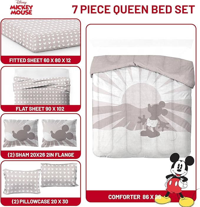 Jay Franco Disney Mickey Mouse Queen Size Comforter Set - 7 Piece Bedding Includes Sheet Set & Pillow Covers - Super Soft Cozy Bedding