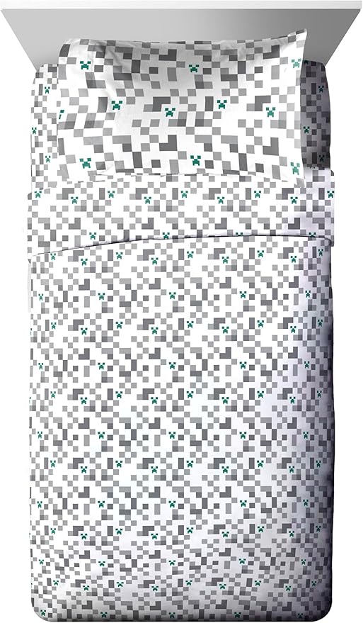 Jay Franco Minecraft Creeper Twin Comforter Set - 5 Piece Gamer Bedding Includes Sheet Set & Pillow Covers - Super Soft Checkered Bedding