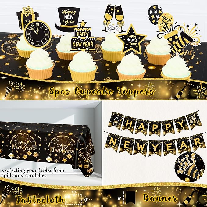 2026 New Year's Eve Party Decorations, Happy New Year Party Supplies Indoor Kit, 2026 Black Gold New Year Eve Party Decorations with Balloon Garland Banner Backdrop Foil Balloon Cake Cupcake Toppers