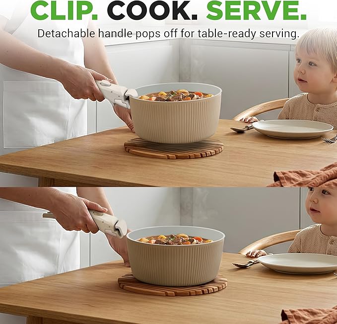 NutriChef 18-Piece Ceramic Cookware Set with Detachable Handles, Space-Saving Nonstick Pots, Pans & Lids, Oven-Safe Bowls, Stackable Storage, Includes Cooking Utensils & Accessories (Cream)