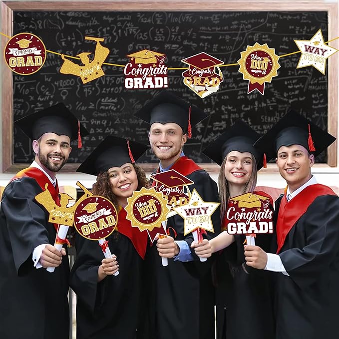 2026 Graduation Party Decorations - 24 Pcs Class of 2026 Congrats Grad Table Centerpieces Graduation Table Decorations Sticks Table Toppers for Graduation Party (Maroon Gold)