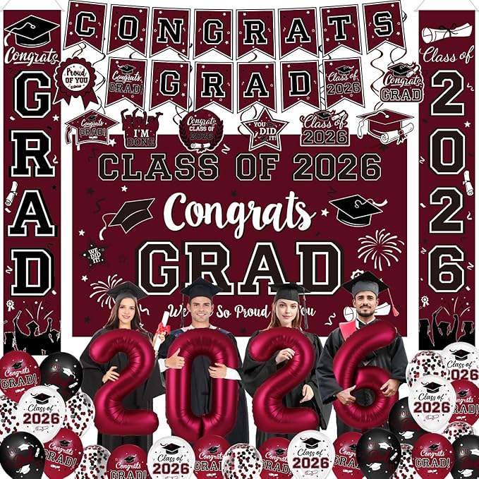 Graduation Decorations Class of 2026 - Maroon Graduation Party Supplies Congrats Grad Backdrop & Banner, Hanging Swirls, Porch Sign, Balloons for High School & College Celebrations