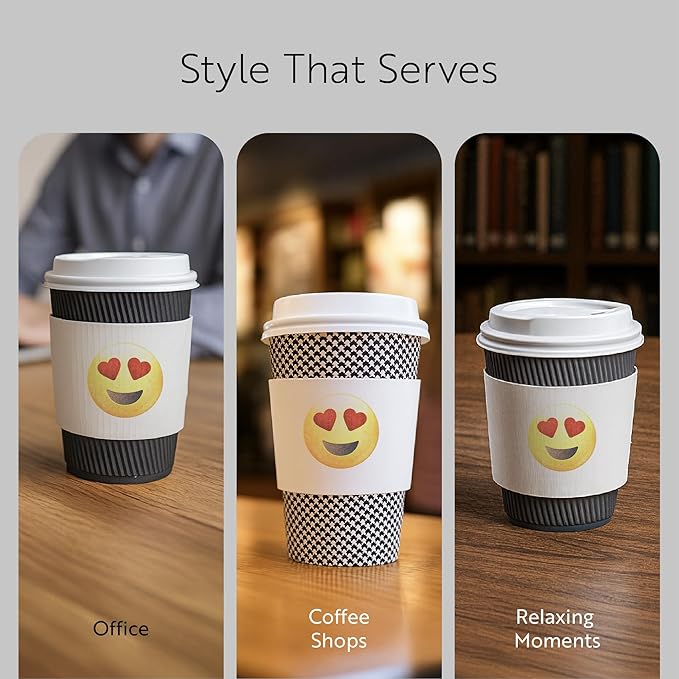 Restaurantware SLEEVES ONLY: Restpresso 5.1 x 2.8 Inch Coffee Cup Sleeves 50 Corrugated Hot Cup Sleeves - Heart-Eye Emoji Heat-Tolerant White Paper Disposable Coffee Sleeves Secure Grip