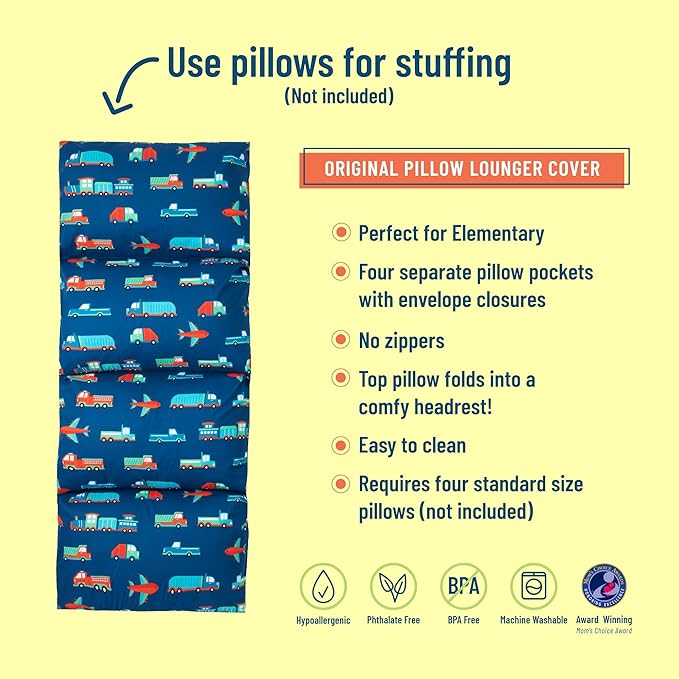 Wildkin Kids Pillowcase Lounger Cover – Travel-Friendly Sleepover Lounger, Fits Standard Pillows (Pillows Not Included), Soft Cotton Blend, Fun Patterns for Boys & Girls - Transportation