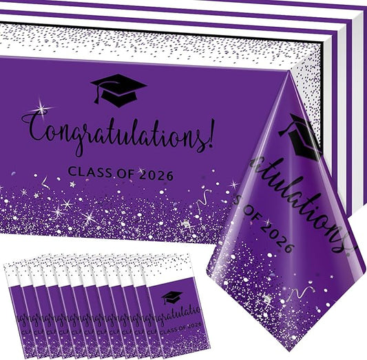 12 Pack Class of 2026 Graduation Tablecloths,Foil Dot Plastic Disposable Rectangle Table Covers for 2026 High School University College Graduation Party Decorations,108*54 Inch (Purple and Black)