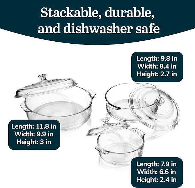 Libbey Baker's Basics 3-Piece Glass Casserole Dishes with Glass Covers, Stackable Casserole Dishes for Oven, Microwave, Refrigerator, Versatile Baking Dish Set