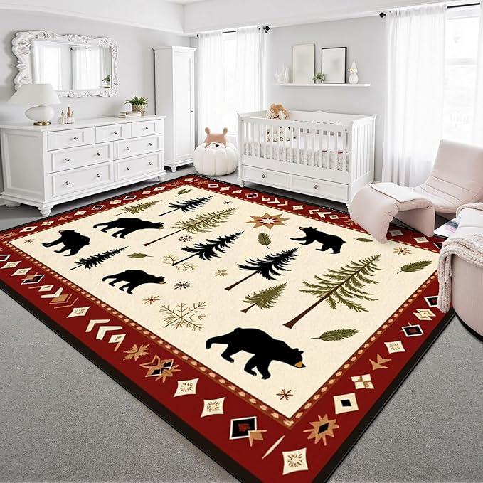 8x10 Area Rugs for Bedroom Boho Washable Man Cave Rug for Living Room Rustic Bear Pine Tree Forest Winter Elements Soft Rubber Backed Non-Slip Large Carpets for Boys