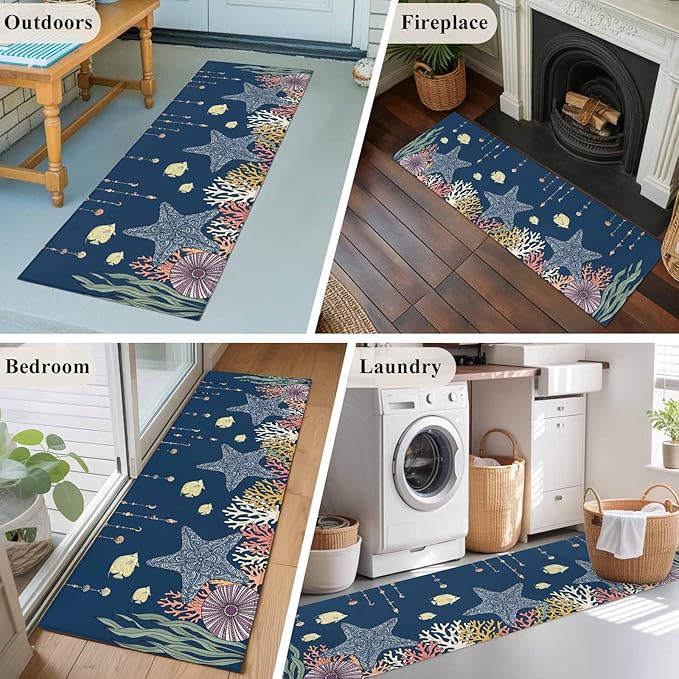 Runner Rug for Bedroom Hallway, Ocean Starfish Coral Fish Kitchen Runner Rugs Area Rug 2x6ft, Underwater Creature on Navy Blue Washable Soft Floor Carpet for Entryway Stair