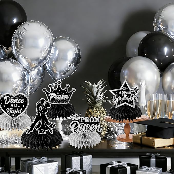 Prom Decorations 2026 Honeycomb Centerppieces, 12Pcs Black and Silver Prom Centerpieces for Table Prom Night Table Decorations High School College Graduation Celebration Prom Party Favors