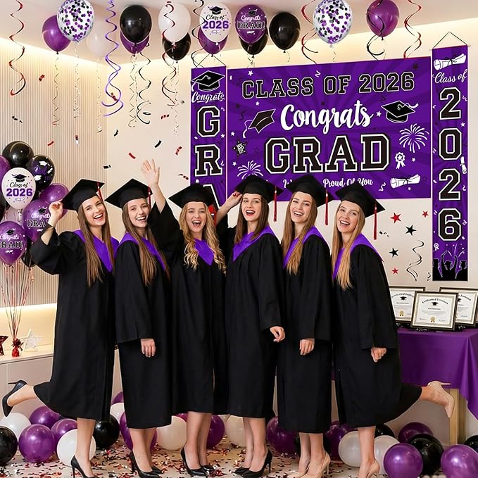 Graduation Decorations Class of 2026 Set - Purple Themed Congrats Grad Banner & Backdrop, Hanging Swirls, Porch Sign, Balloons, Foil Number 2026 for High School & College Celebrations