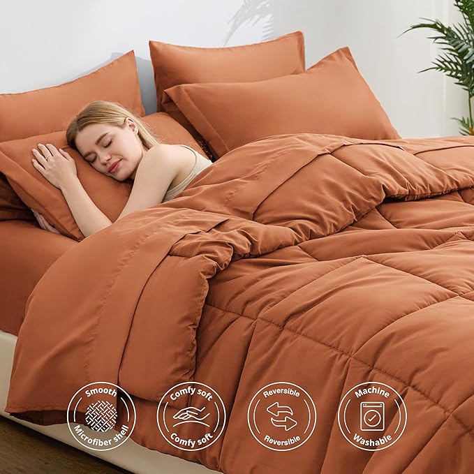 Love's cabin King Size Comforter Set Burnt Orange, 7 Pieces King Bed in a Bag, All Season Bedding Sets with 1 Comforter, 1 Flat Sheet, 1 Fitted Sheet, 2 Pillowcase and 2 Pillow Sham | Soft, Breathable, Lightweight, Comfortable