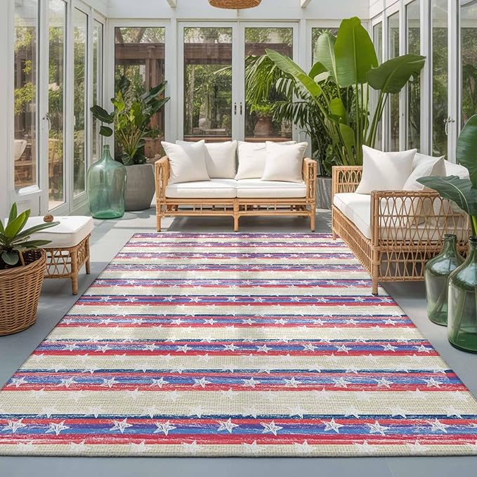 Area Rug 3x5ft, American Star Stripe Washable Rugs for Living Room Bedroom, Retro Independence Day Theme Soft Non-Slip Area Rugs Rectangle Floor Carpet for Dining Room