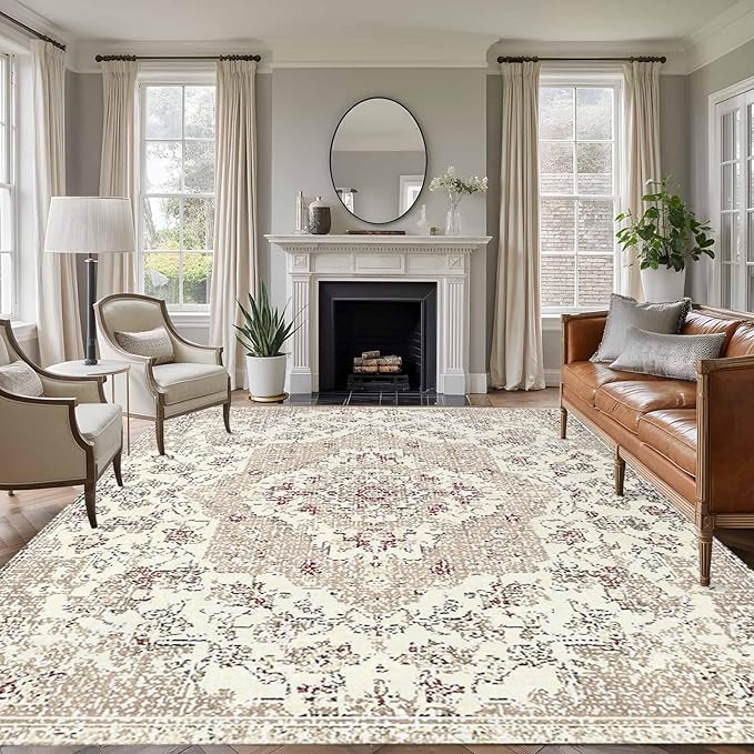 Beige Boho 5x8 Area Rugs, Vintage Ethnic Floral Non-Skid Rubber Backing Large Rectangle Rugs - Living Room Bedroom Home Office, Abstract Art Geometric Indoor Floor Mat Carpets Washable Rug