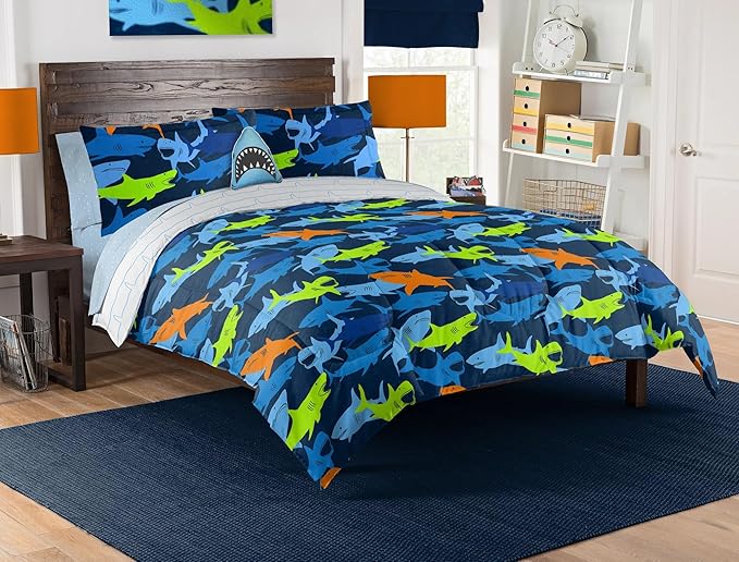Northwest Classics Full Sized Shark Adventure 8-Piece Bed in a Bag Set, All Seasons Bedding for Girls and Boys, Comforter, Flat Sheet, Fitted Sheet, Pillowcases, Pillow, Shams