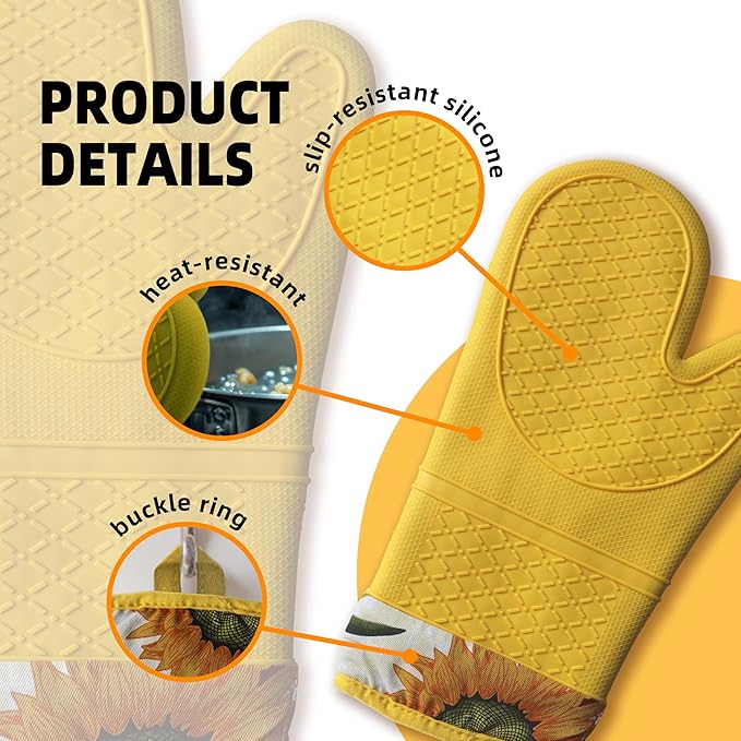Pair of 2 Heat-Resistant Silicone Oven Mitts – Extra Long, Non-Slip Grip, Soft Cotton Lining, Perfect for Baking, Cooking & BBQ – 13” x 7” Kitchen Gloves (Sun Flower)