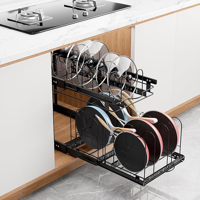 TQVAI Pots and Pans Organizer, Full-Extension Pull Out Cabinet Organizer, Slide Out Drawers for Kitchen Cabinets with Adjustable Dividers, Request at Least 15.5" W x 23.5" D x 23.5" H Opening - Black
