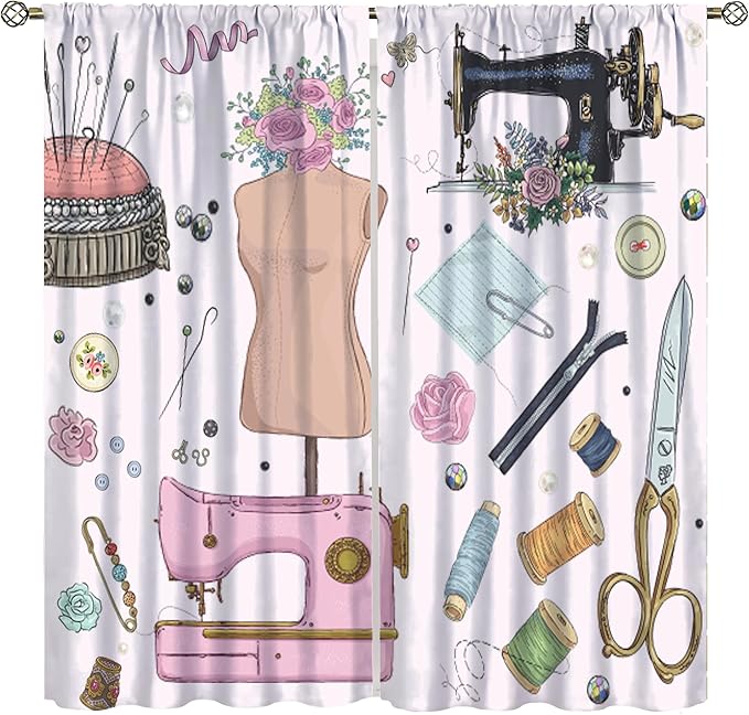 Fashion Blackout Curtain,Clothes Sewing Theme for Women Girls Watercolor Style Window Curtains Dining Room Kitchen Bedroom Living Room Office Nursery Drapes,52x96 in