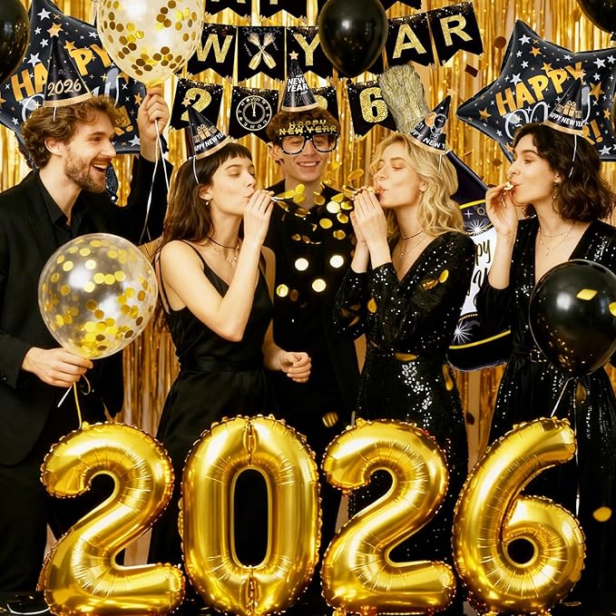 Happy New Year Party Decoration, 2026 Foil Balloon Banner and Curtains Photography Backdrops, Photo Booth Props Hats Paper Glasses Party Decorations for New Years Eve Party Supplies